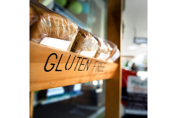 Image Gluten-free bread loaves on a bakery shelf